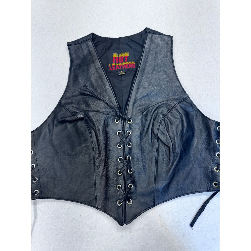 Hot Leathers Womens Black Leather Lace Up Biker Vest Cropped Motorcycle Large